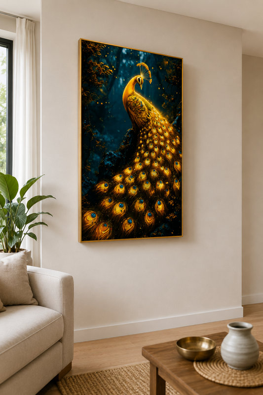 Golden Peacock I Premium Crystal Wall Art With Daimonds.