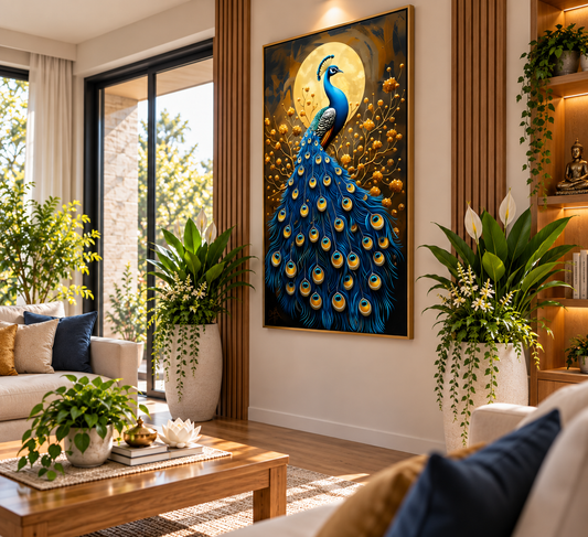 Blue Golden Peacock I Premium Crystal Wall Art With Daimonds.