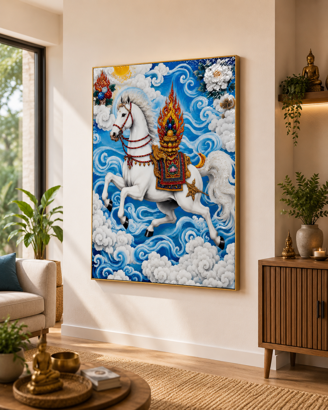 Majestic Lungta – Wind Horse of Fortune & Protection I Premium Crystal Wall Art With Daimonds.