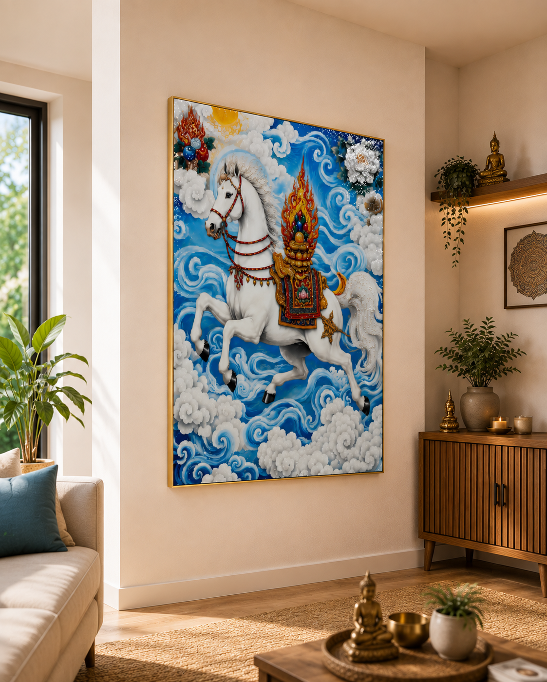 Majestic Lungta – Wind Horse of Fortune & Protection I Premium Crystal Wall Art With Daimonds.