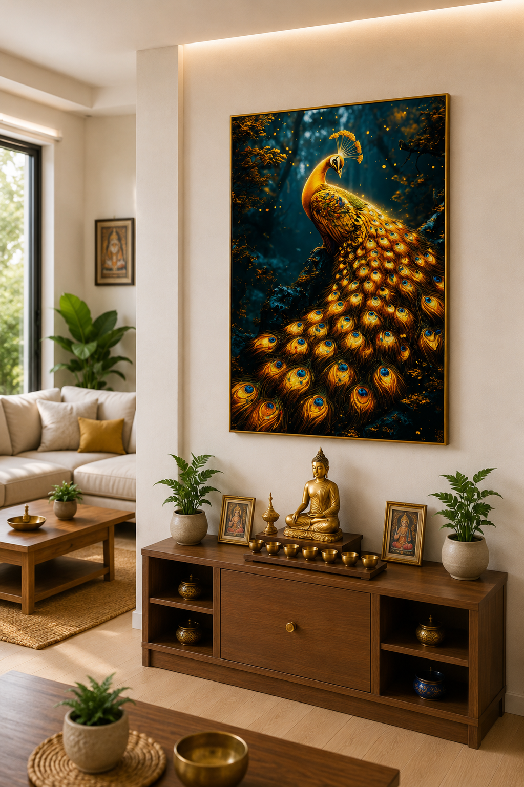 Golden Peacock I Premium Crystal Wall Art With Daimonds.