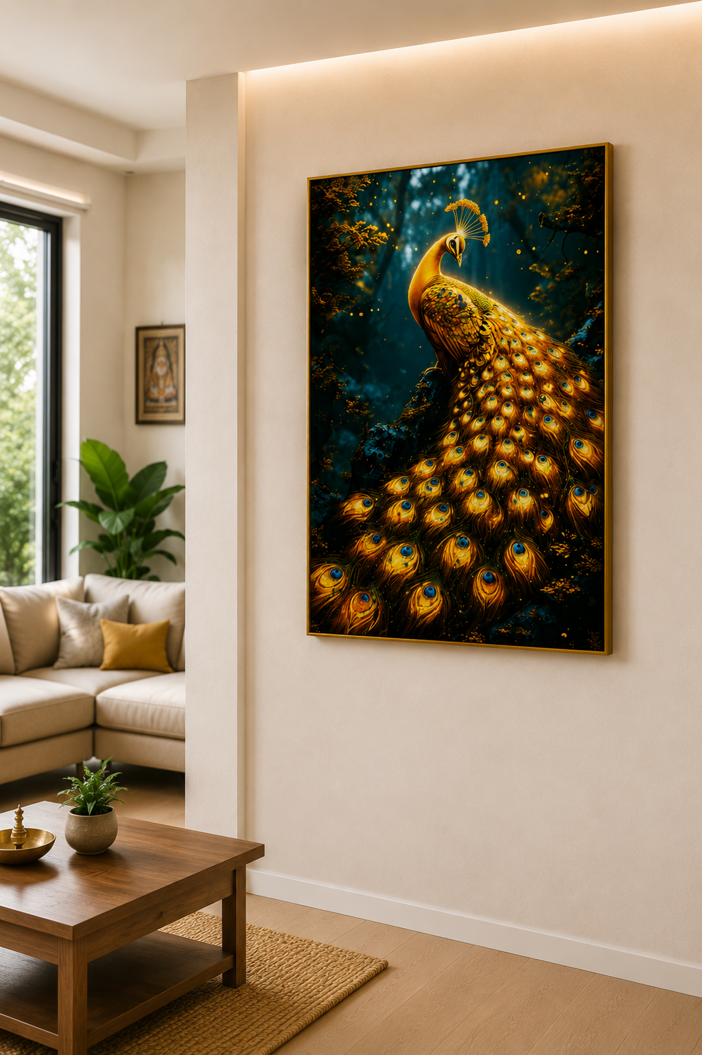 Golden Peacock I Premium Crystal Wall Art With Daimonds.