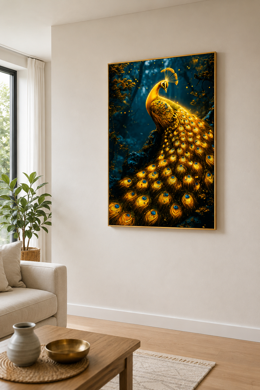 Golden Peacock I Premium Crystal Wall Art With Daimonds.