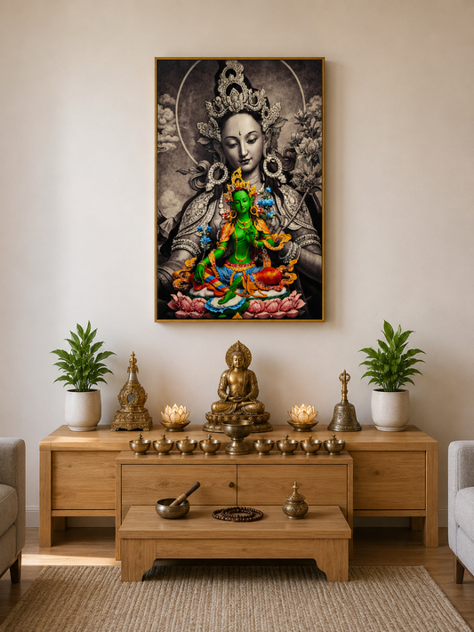 Celestial Jetsun Drolma I Green Tara I Premium Crystal Wall Art With Daimonds.