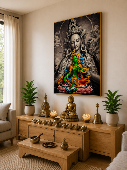 Celestial Jetsun Drolma I Green Tara I Premium Crystal Wall Art With Daimonds.