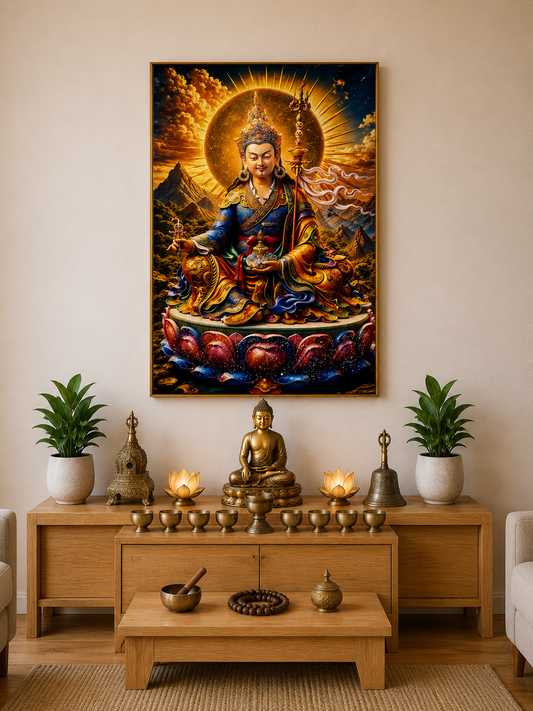 Guru Rinpoche – Golden Radiant l Padmasambhava I Premium Crystal Wall Art With Daimonds.