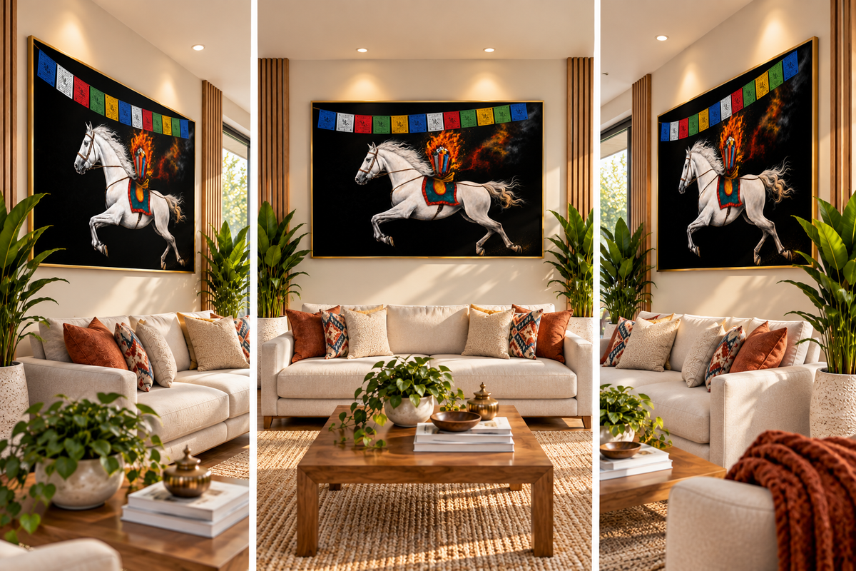 Wonderful Lungta – Wind Horse of Fortune & Protection I Premium Crystal Wall Art with Diamonds