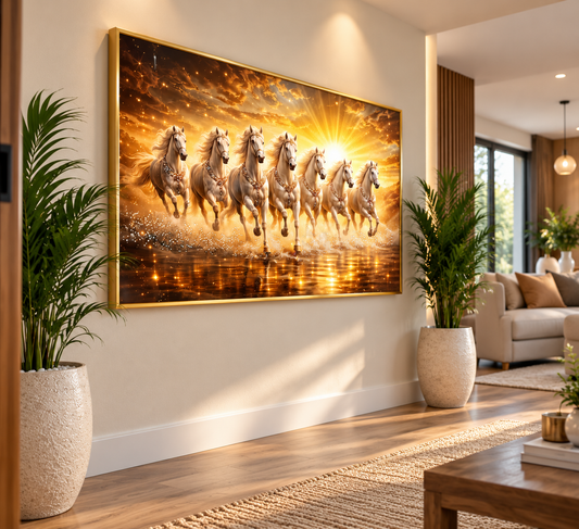 7 Horses- Good Fortune & Protection I Premium Crystal Wall Art With Daimonds.