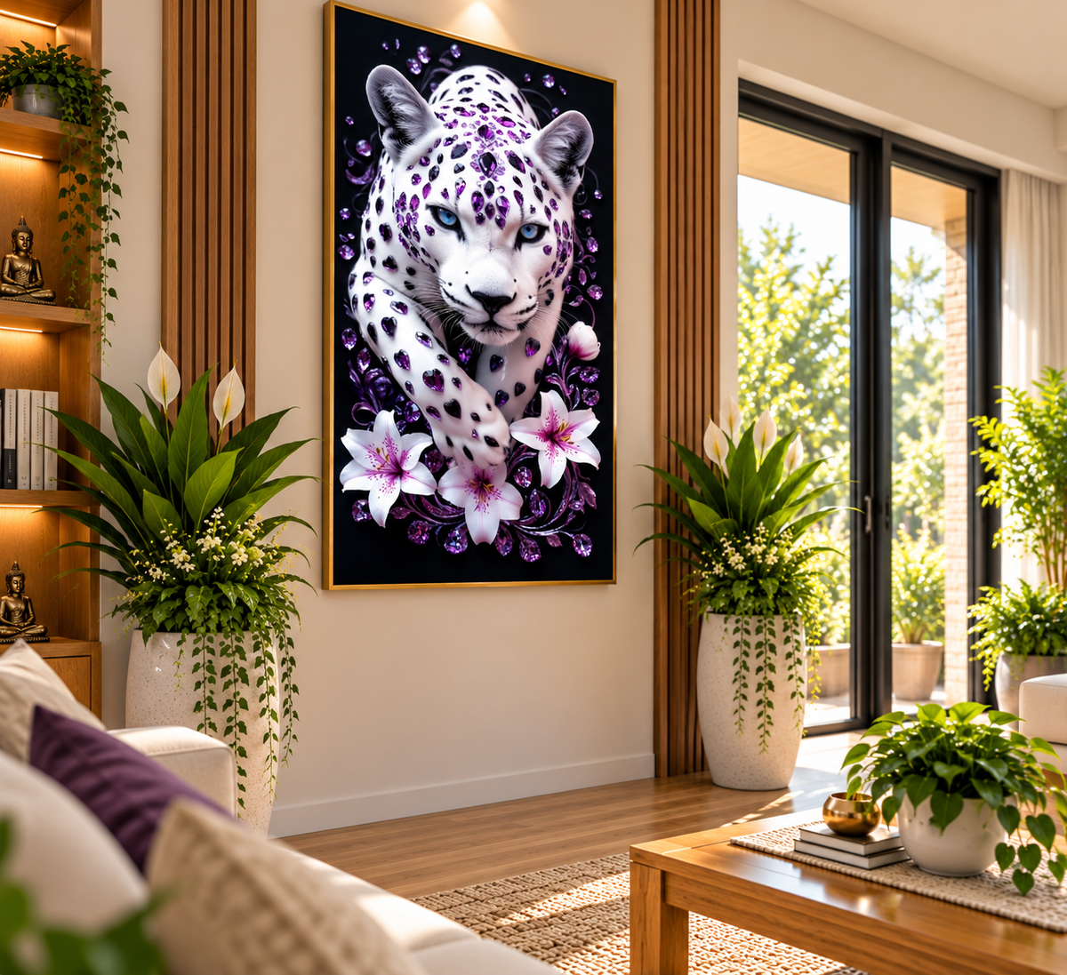 Snow Leopard – Strength, Grace & Protection I Premium Crystal Wall Art With Daimonds.