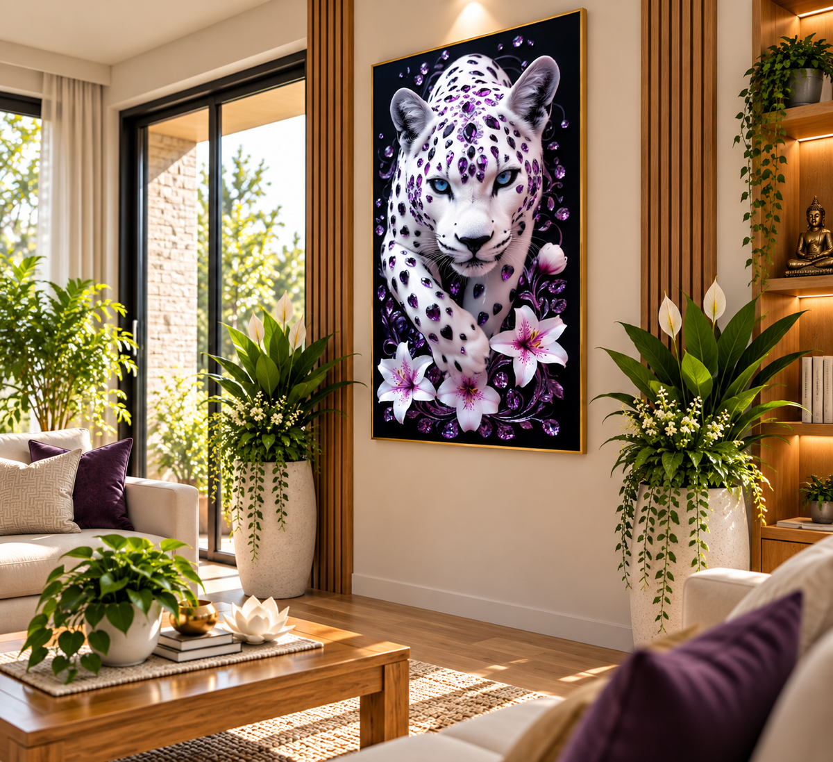 Snow Leopard – Strength, Grace & Protection I Premium Crystal Wall Art With Daimonds.