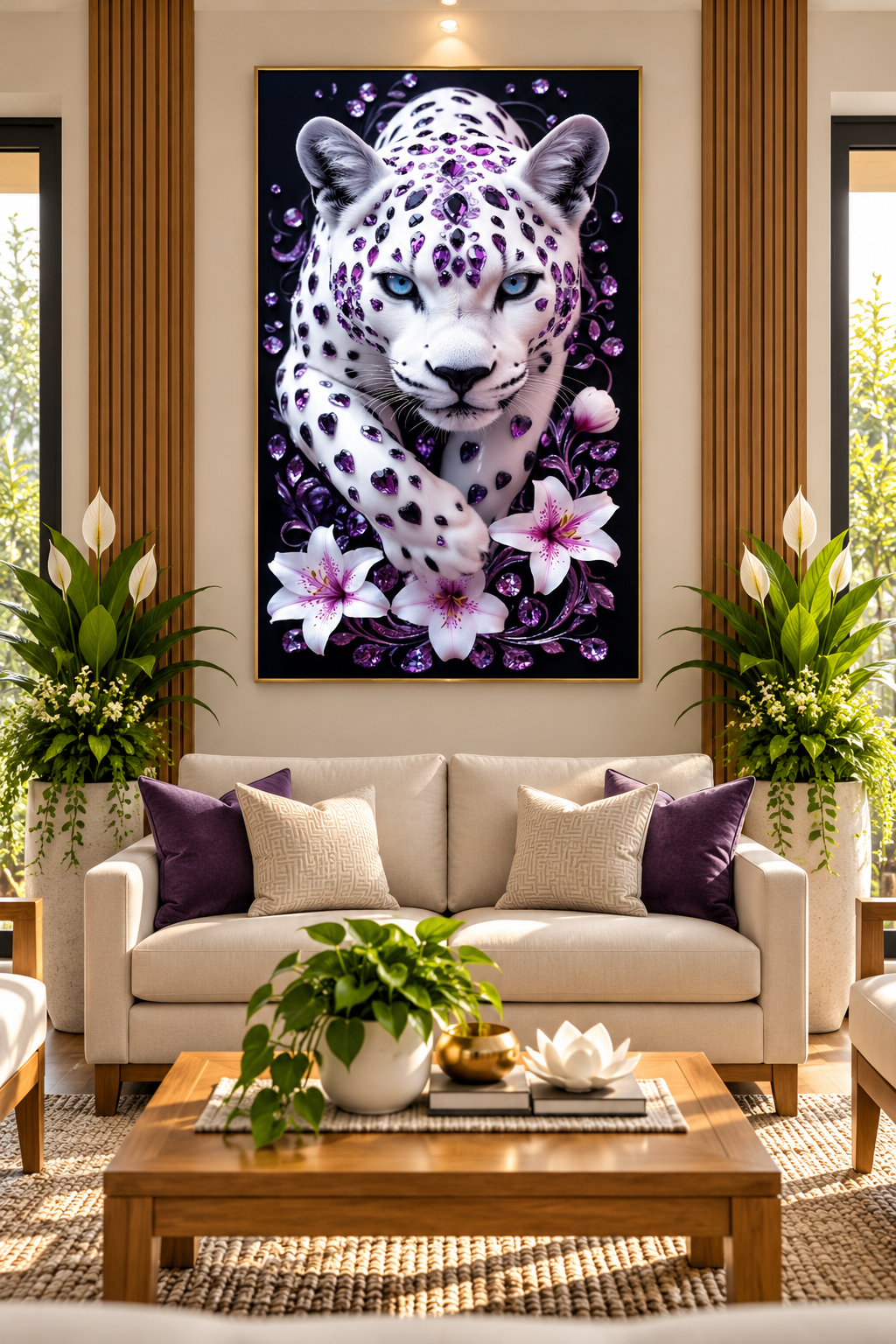 Snow Leopard – Strength, Grace & Protection I Premium Crystal Wall Art With Daimonds.
