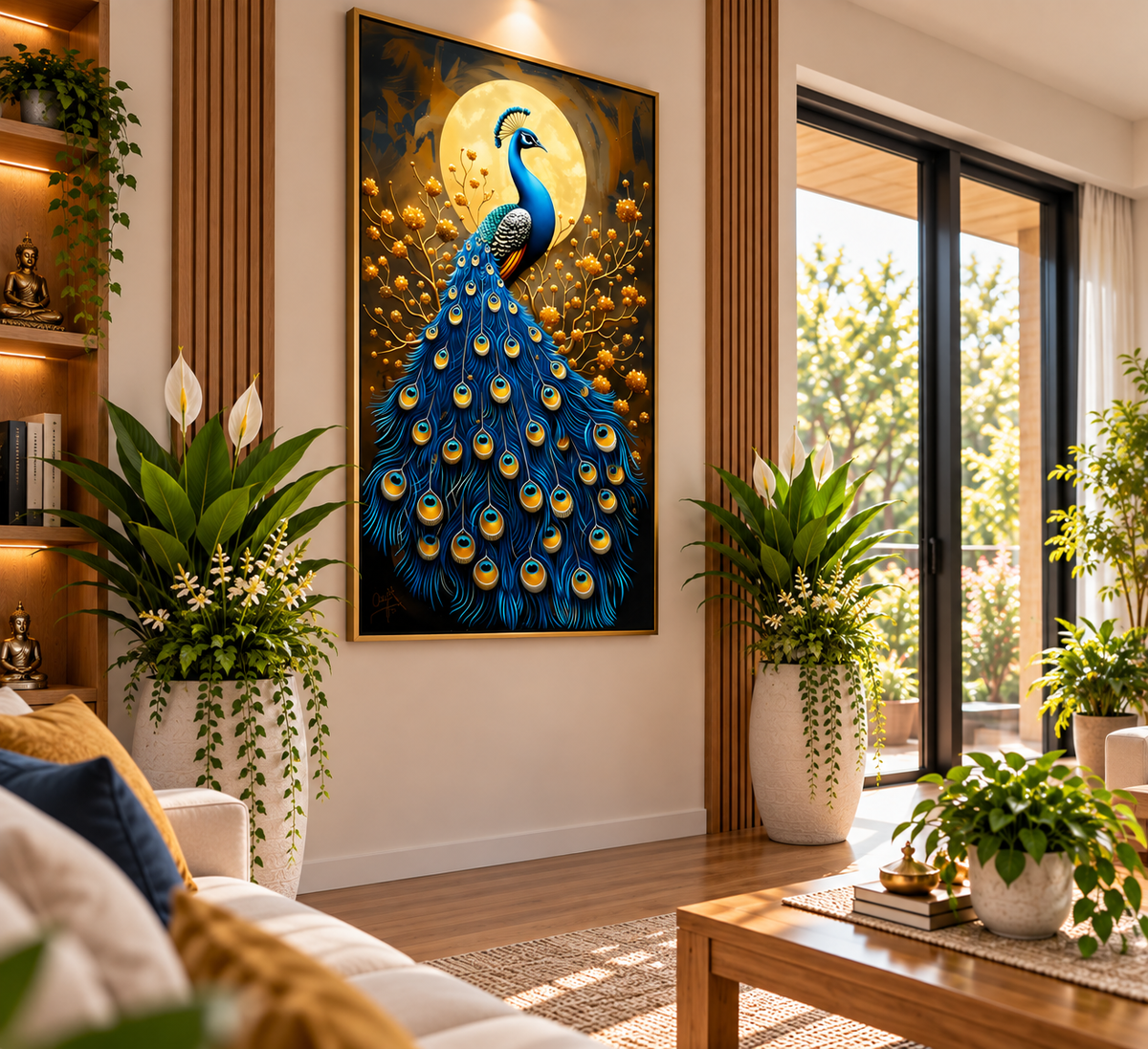 Blue Golden Peacock I Premium Crystal Wall Art With Daimonds.