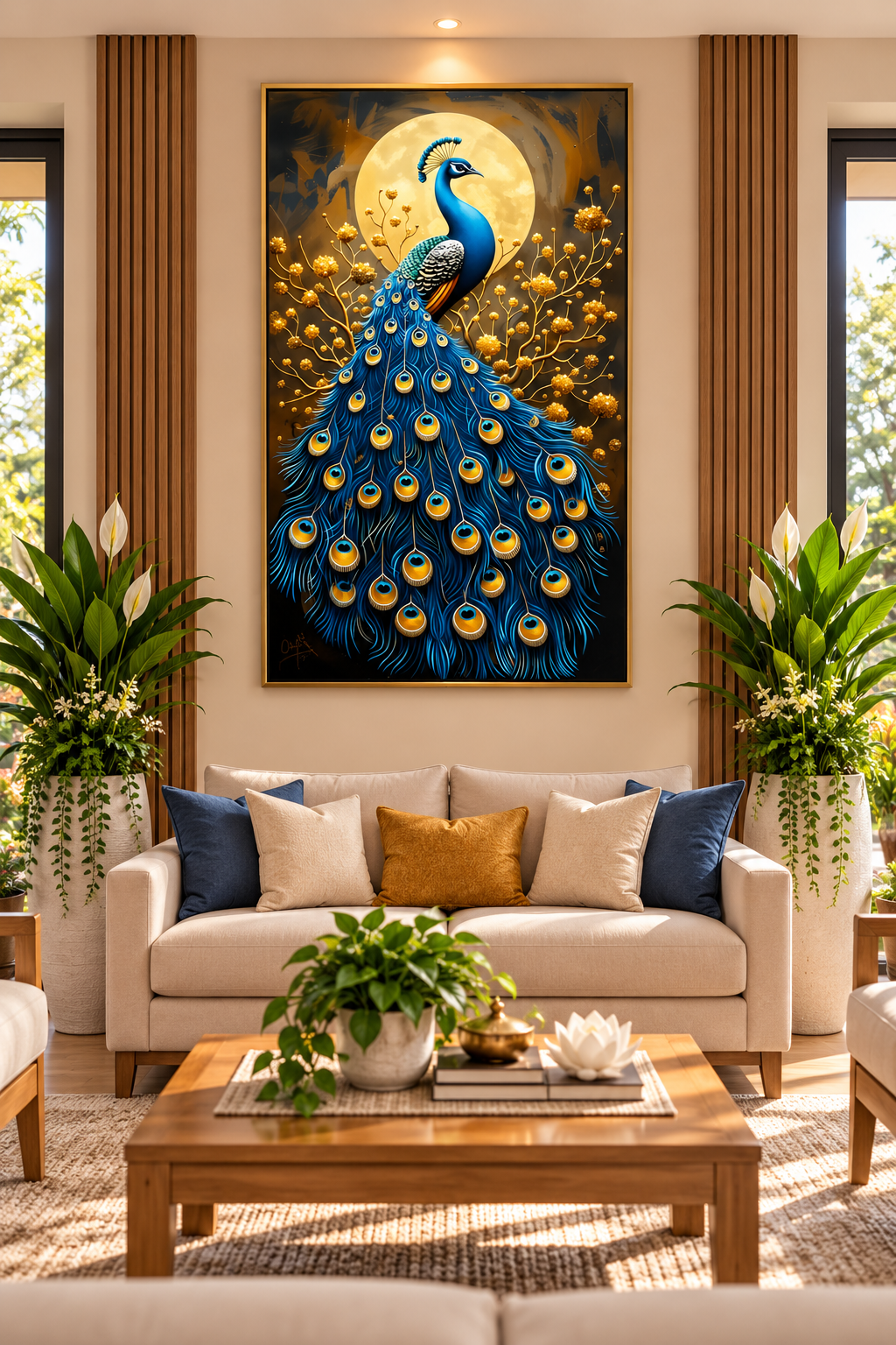 Blue Golden Peacock I Premium Crystal Wall Art With Daimonds.