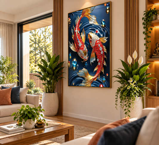 Koi Harmony – Symbol of Prosperity & Good Fortune I Premium Crystal Wall Art With Daimonds.