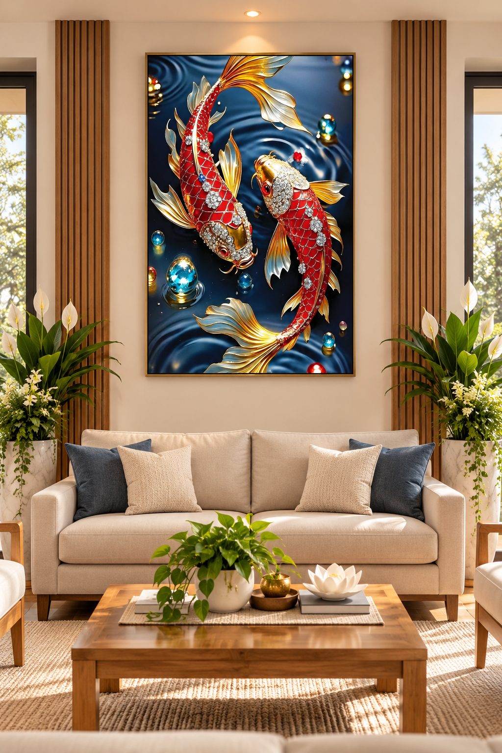 Koi Harmony – Symbol of Prosperity & Good Fortune I Premium Crystal Wall Art With Daimonds.