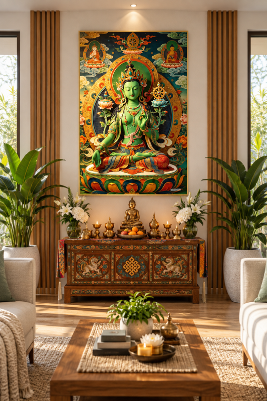 Green Tara-The Compassionate Protector l Jetsun Drolma I Premium Crystal Wall Art With Daimonds.