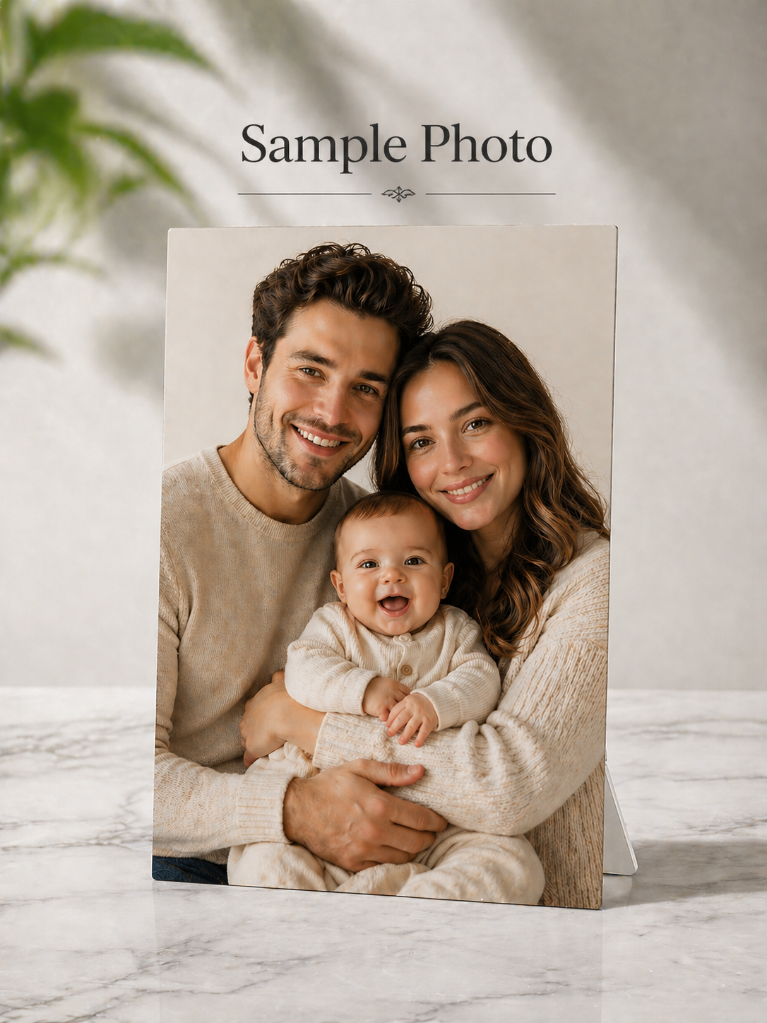 Custom aluminum photo print panel, frameless design with family portrait, tabletop display with rear stand.